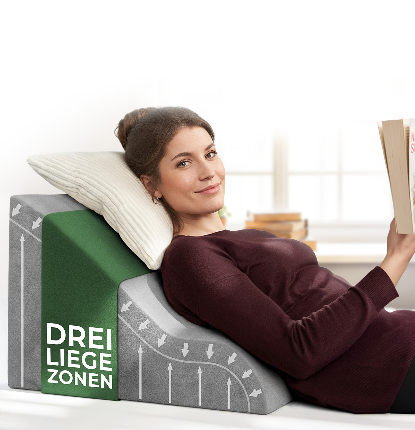Lesekissen für Bett und Sofa weich breit grau Lesekissen für Bett und Sofa, Bequemes Rückenkissen mit Memory Foam, Reflux Kissen verwendbar als Keilkissen Bett, Bettkissen Rückenlehne oder Kopfende, Gemütlicher Bettkeil als angenehme Rückenstütze