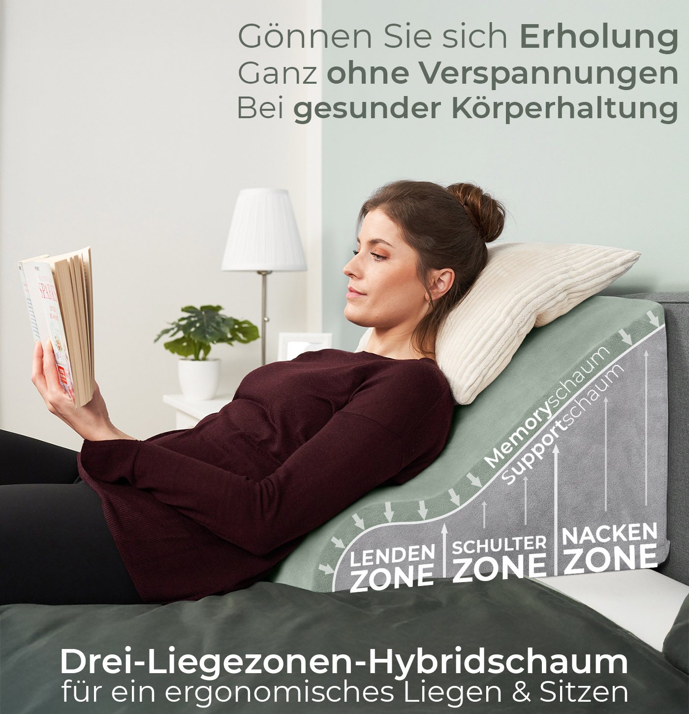 Lesekissen für Bett und Sofa weich breit grau Lesekissen für Bett und Sofa, Bequemes Rückenkissen mit Memory Foam, Reflux Kissen verwendbar als Keilkissen Bett, Bettkissen Rückenlehne oder Kopfende, Gemütlicher Bettkeil als angenehme Rückenstütze